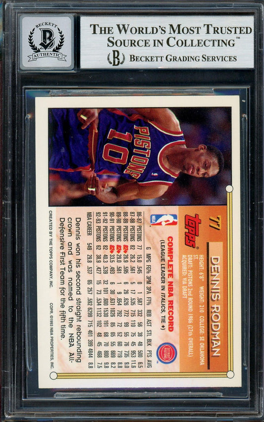 Dennis Rodman Autographed 1993-94 Topps Card #77 Detroit Pistons Auto Grade Gem Mint 10 Beckett BAS #13018178