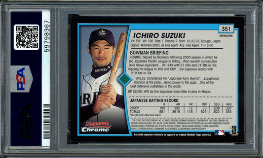 Ichiro Suzuki Autographed 2001 Bowman Chrome Refractor Rookie Card #351 Seattle Mariners Auto Grade Gem Mint 10 "01 ROY/MVP" English PSA/DNA #59798367