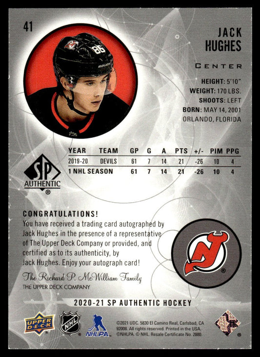 2020 Upper Deck SP Authentic 41 Jack Hughes Devils Auto