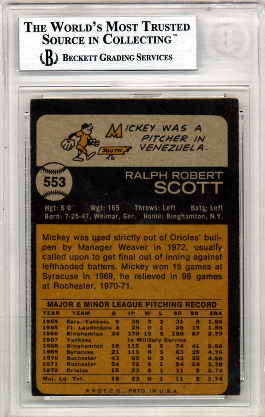Mickey Scott Autographed 1973 Topps Card #553 Baltimore Orioles Beckett BAS #10210114