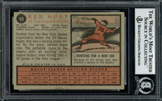Ken Hunt Autographed 1962 Topps Card #68 Los Angeles Angels "Best Wishes" Beckett BAS #11076687