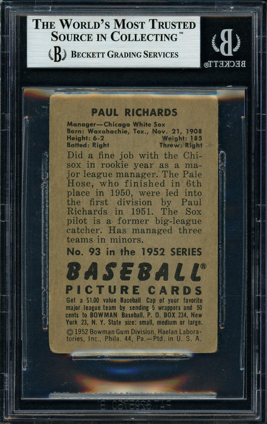 Paul Richards Autographed 1952 Bowman Rookie Card #93 Chicago White Sox Beckett BAS #11627883