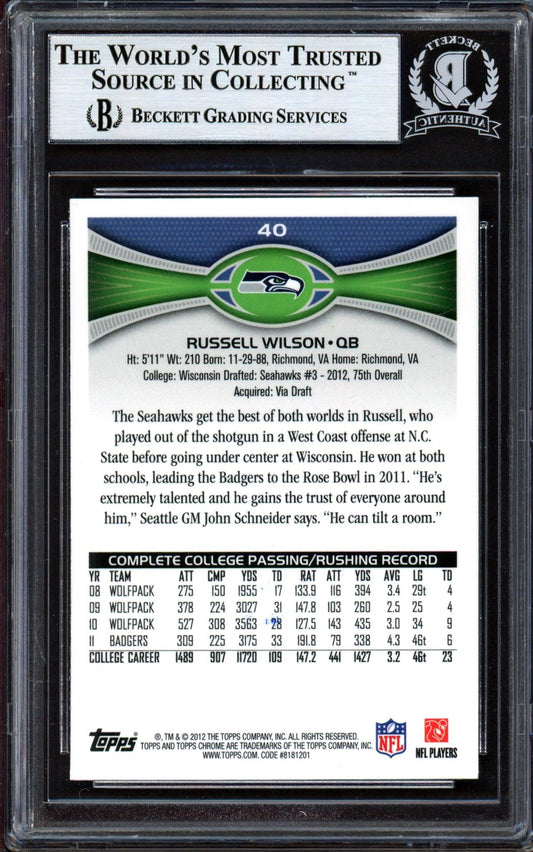 Russell Wilson Autographed 2012 Topps Chrome Rookie Card #40 Seattle Seahawks (Bubbling) Beckett BAS #13447115