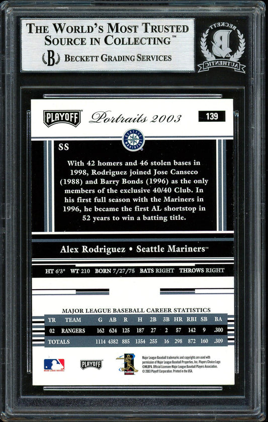 Alex Rodriguez Autographed 2003 Playoff Portraits Card #139 Seattle Mariners Beckett BAS #12410420