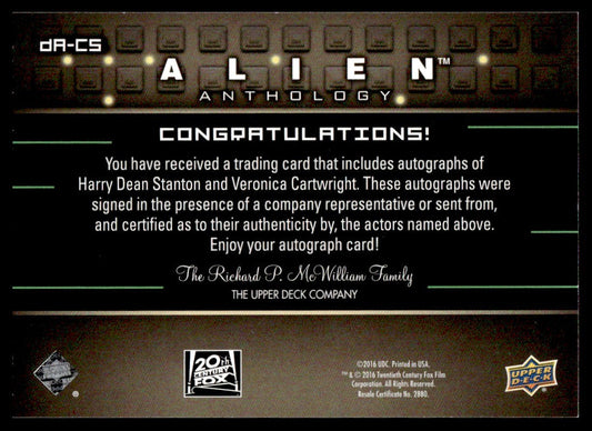 2016 Upper Deck DA-CS Harry Dean Stanton Veronica Cartwright Alien Anthology Auto