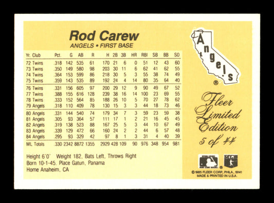 Rod Carew Autographed 1985 Fleer Limited Edition Card #5 California Angels SKU #186684