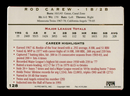 Rod Carew Autographed 1993 Action Packed Card #128 Minnesota Twins SKU #186748
