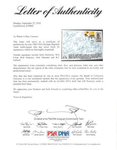 1984 USA Olympic Team Autographed First Day Cover With 20 Total Signatures Including Mark McGwire & Will Clark PSA/DNA #K39842