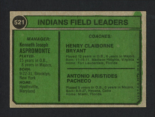 Ken Aspromonte & Tony Pacheco Autographed 1974 Topps Card #521 Cleveland Indians SKU #164142