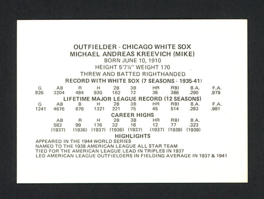 Mike Kreevich Autographed 1976 Chicago's Greats Card Chicago White Sox SKU #165794