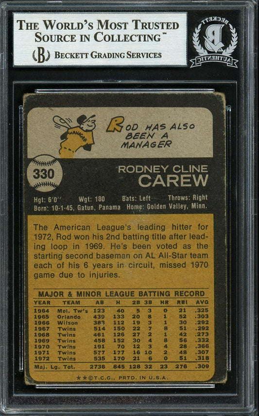 Rod Carew Autographed 1973 Topps Card #330 Minnesota Twins Beckett BAS #12753528