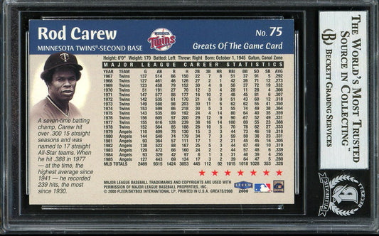 Rod Carew Autographed 2000 Fleer Greats of the Game Card #75 Minnesota Twins Beckett BAS Stock #193277