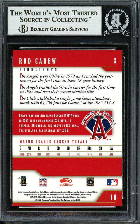 Rod Carew Autographed 2002 Donruss Team Heroes Card #3 California Angels Beckett BAS #12754111