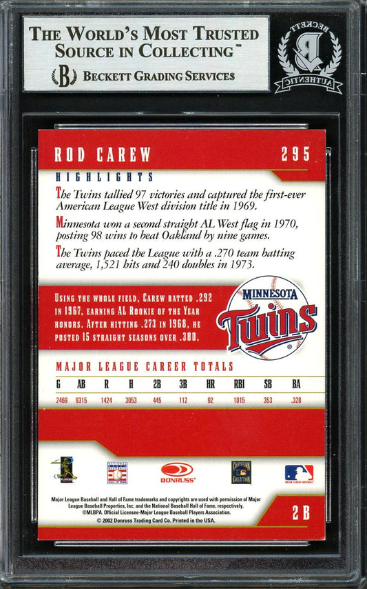Rod Carew Autographed 2002 Donruss Team Heroes Card #295 Minnesota Twins Beckett BAS #12754115