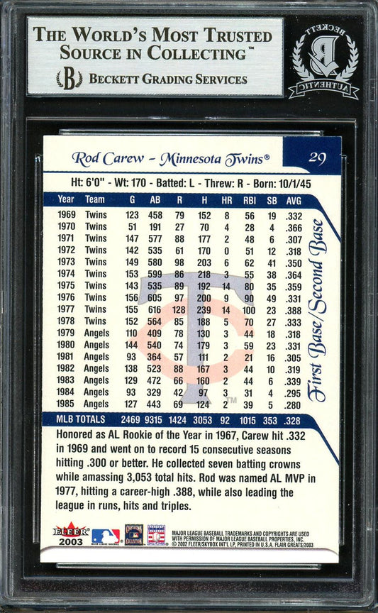 Rod Carew Autographed 2003 Fleer Flair Greats Card #29 Minnesota Twins Beckett BAS Stock #193308