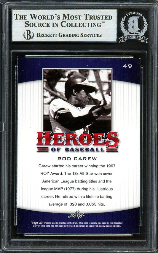 Rod Carew Autographed 2015 Leaf Heroes of Baseball Card #49 Minnesota Twins Beckett BAS #12754316