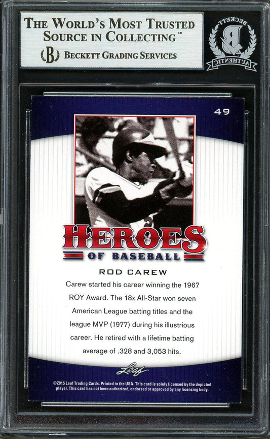Rod Carew Autographed 2015 Leaf Heroes of Baseball Card #49 Minnesota Twins Beckett BAS #12754318