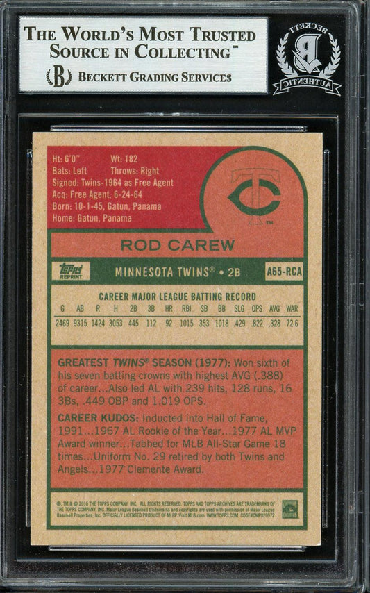 Rod Carew Autographed 2016 Topps Archives 65th Anniversary Card #A65-RCA Minnesota Twins Beckett BAS #12754387