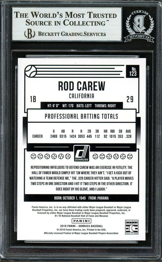 Rod Carew Autographed 2018 Donruss Card #123 Minnesota Twins Beckett BAS #12754486