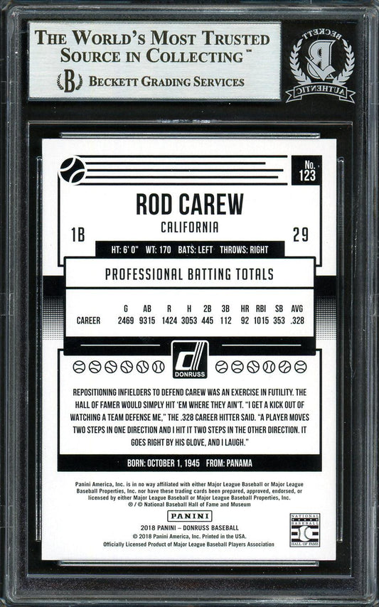 Rod Carew Autographed 2018 Donruss Black & White Card #123 Minnesota Twins Beckett BAS #12754490