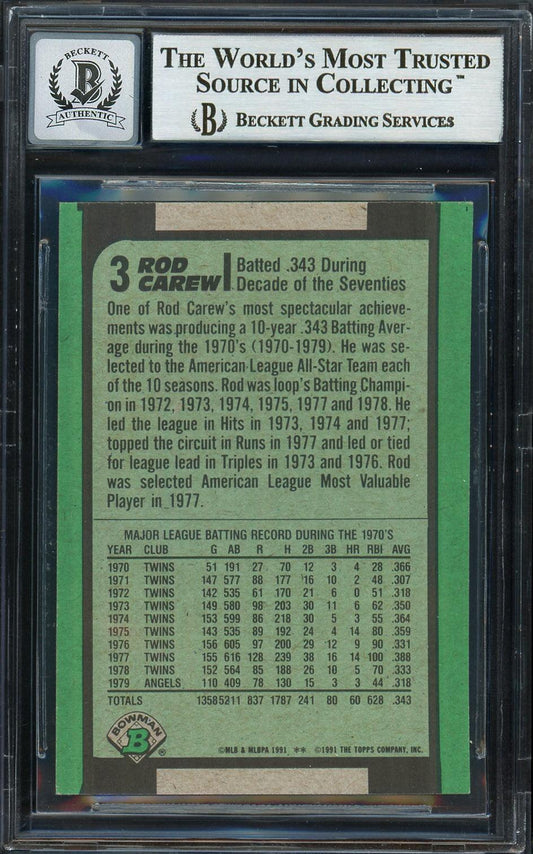 Rod Carew Autographed 1991 Bowman Card #3 Minnesota Twins Auto Grade Gem Mint 10 Beckett BAS Stock #192693