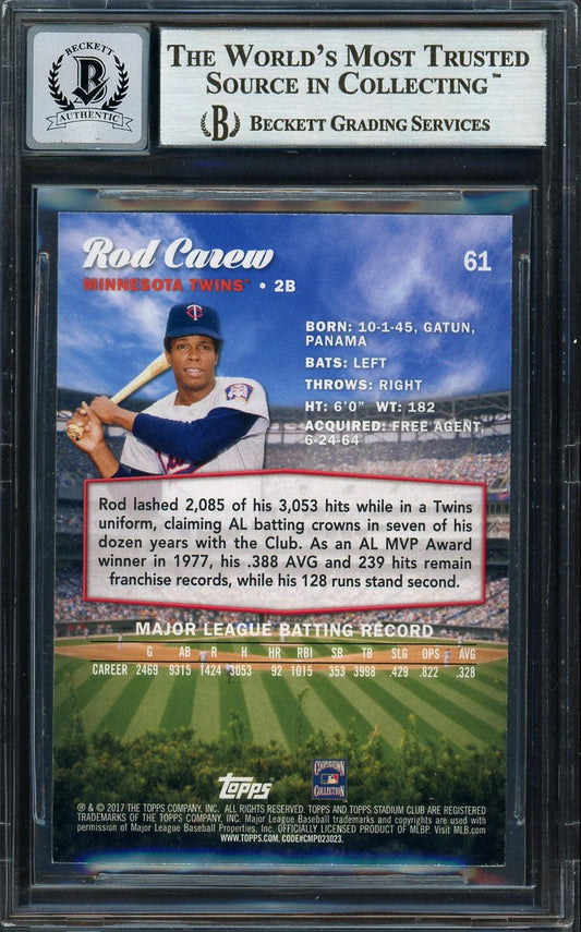 Rod Carew Autographed 2017 Topps Stadium Club Card #61 Minnesota Twins Auto Grade Gem Mint 10 Beckett BAS #12751999