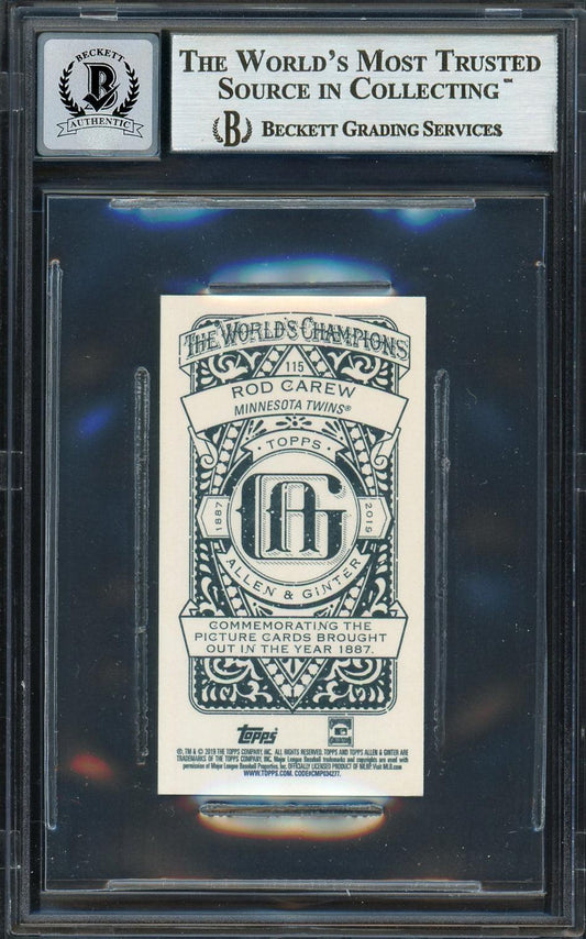 Rod Carew Autographed 2019 Topps Allen & Ginter Mini Card #115 Minnesota Twins Auto Grade Gem Mint 10 Beckett BAS Stock #192829
