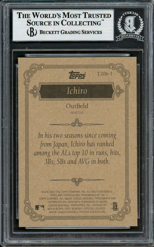 Ichiro Suzuki Autographed 2002 Topps 206 Card #T206-1 Seattle Mariners Beckett BAS Stock #194246