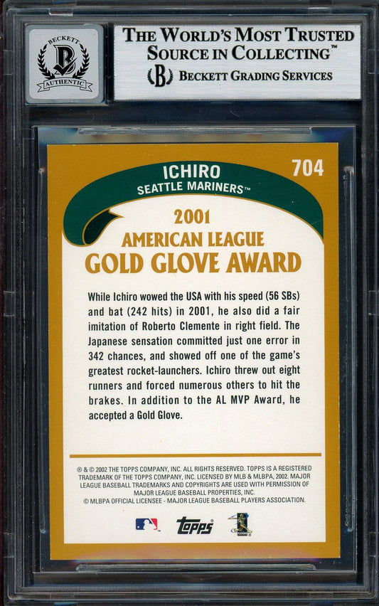 Ichiro Suzuki Autographed 2002 Topps Card #704 Seattle Mariners Auto Grade Gem Mint 10 Beckett BAS Stock #194321