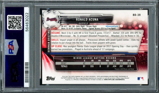 Ronald Acuna Jr. Autographed 2017 Bowman Draft Rookie Card #BD39 Atlanta Braves PSA 10 Auto Grade Mint 9 PSA/DNA #56463022