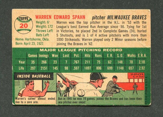 1954 Topps #20 Warren Spahn Milwaukee Braves Baseball Card (VG)