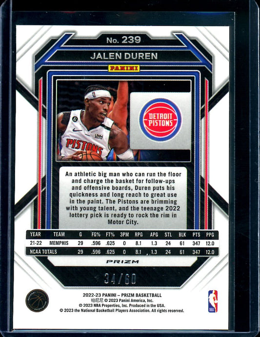 2022/23 Panini Prizm Jalen Duren Rookie Orange Wave /60 Pistons