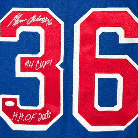 Glenn Anderson Signed 94 Cup - HOF 2008 Inscription New York Blue Hockey Jersey (JSA)