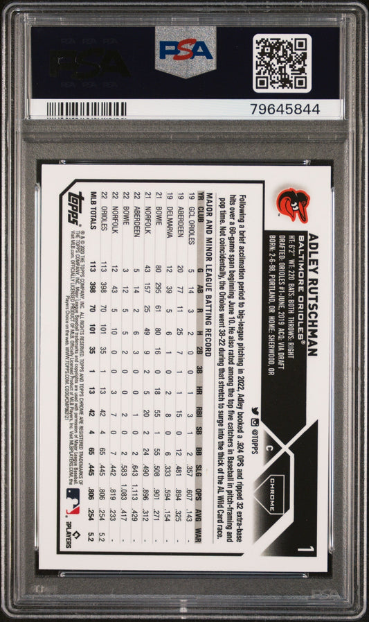 2023 Topps Chrome Adley Rutschman #1 Gold Wave Refractor 20/50 PSA 10