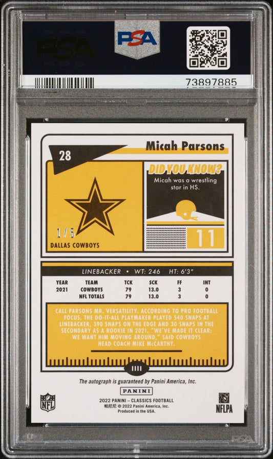 2022 Panini Classics Micah Parsons #28 E Significant SIG Blue PSA 9 Auto 8