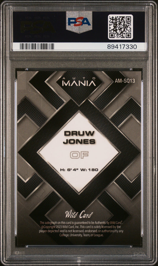 2023 Wild Card Auto Mania Autographs Druw Jones #AMSQ13 SQR Red 2/6 PSA 10