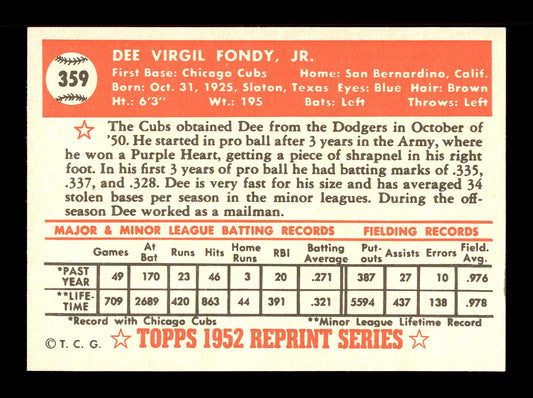 Dee Fondy Autographed 1983 Topps 1952 Topps Reprint Card #359 Chicago Cubs SKU #171489