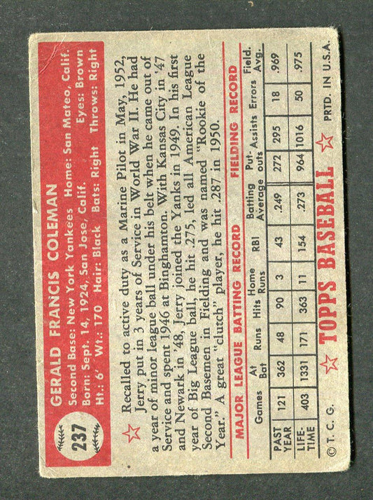 1952 Topps #237 Jerry Coleman Baseball Card