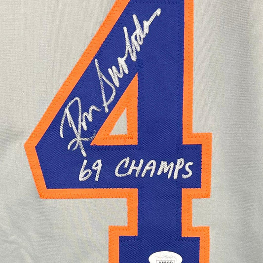 Ron Swoboda Signed 69 Champs Inscription New York Grey Baseball Jersey (JSA)
