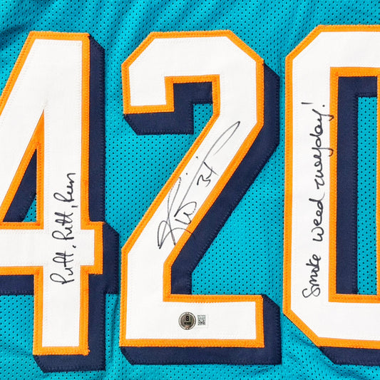 Ricky Williams Signed Puff Puff Run Smoke Weed Every Day Inscription Miami Pro Teal Football Jersey (JSA)