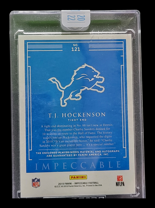 2019 Panini Elegance T.J. Hockenson #121 Dual Patch Player-Worn 1/2 RC