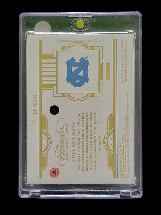 2022 Panini Flawless Collegiate Cole Anthony #LP-CAN  Laundry Tag Patch 1/1