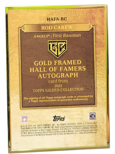 2025 Topps Gilded Rod Carew #HAFA-RC Gold Framed Hall of Famers Auto /50