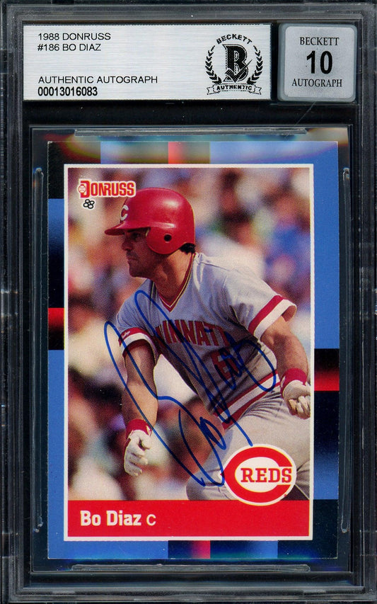 Bo Diaz Autographed 1988 Donruss Card #186 Cincinnati Reds Auto Grade Gem Mint 10 Beckett BAS #13016083