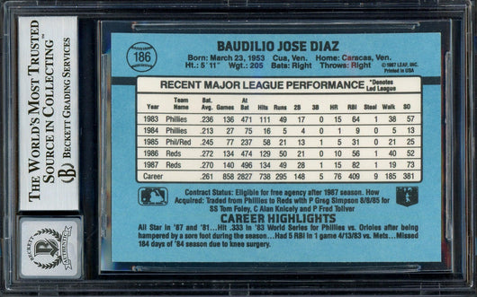 Bo Diaz Autographed 1988 Donruss Card #186 Cincinnati Reds Auto Grade Gem Mint 10 Beckett BAS #13016083