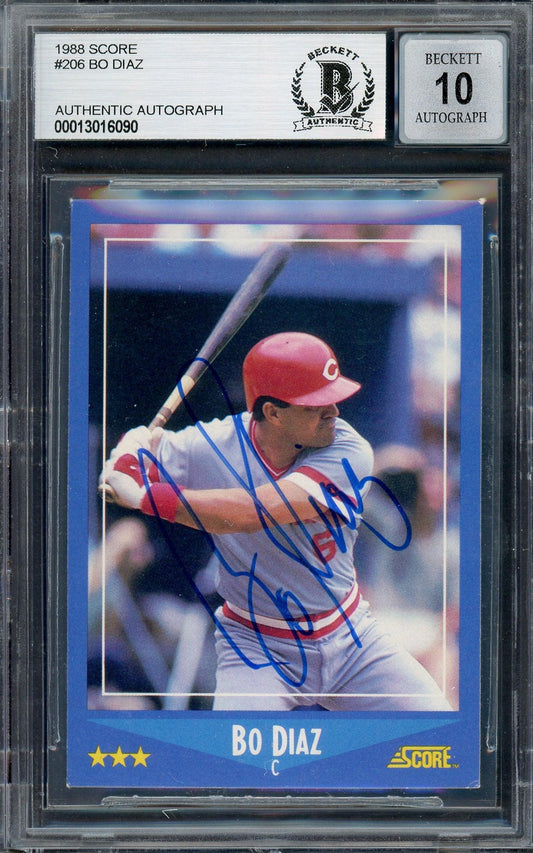 Bo Diaz Autographed 1988 Score Card #206 Cincinnati Reds Auto Grade Gem Mint 10 Beckett BAS #13016090