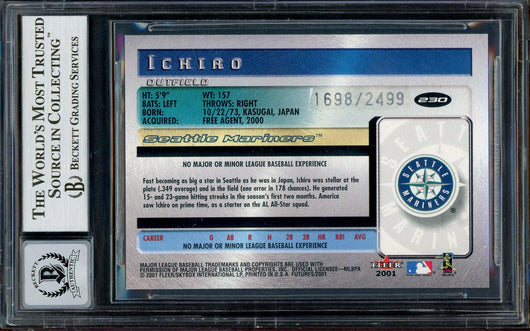 Ichiro Suzuki Autographed 2001 Fleer Futures Rookie Card #230 Seattle Mariners Auto Grade Gem Mint 10 #1698/2499 Beckett BAS #13018298