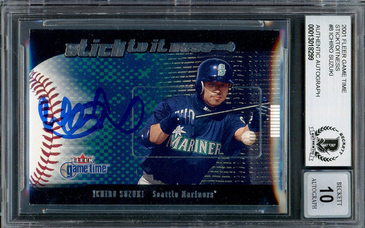 Ichiro Suzuki Autographed 2001 Fleer Game Time Stick To It Ness Rookie Card #8 Seattle Mariners Auto Grade Gem Mint 10 Beckett BAS #13018299