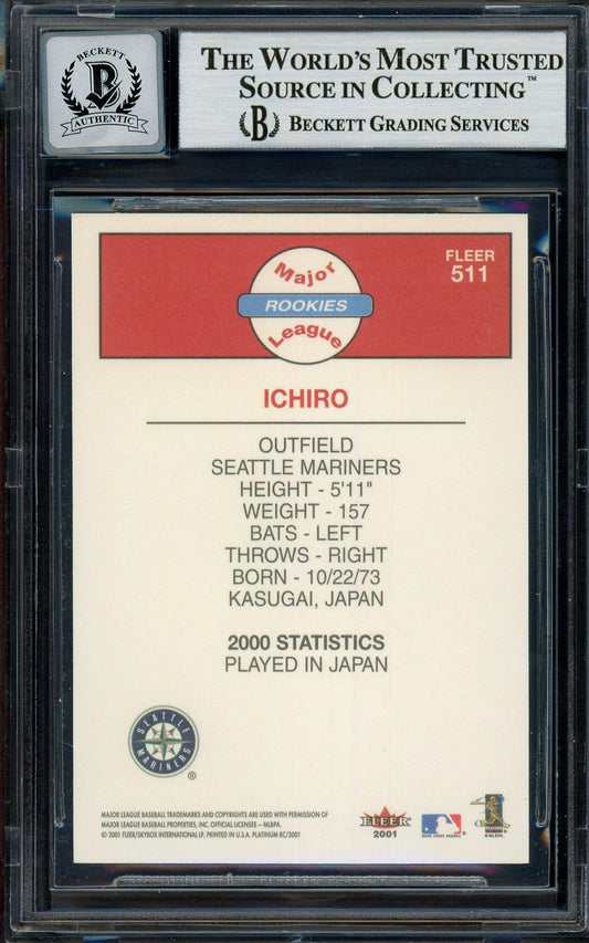 Ichiro Suzuki Autographed 2001 Fleer Platinum Rookie Card #511 Seattle Mariners Auto Grade Gem Mint 10 Beckett BAS #13018312