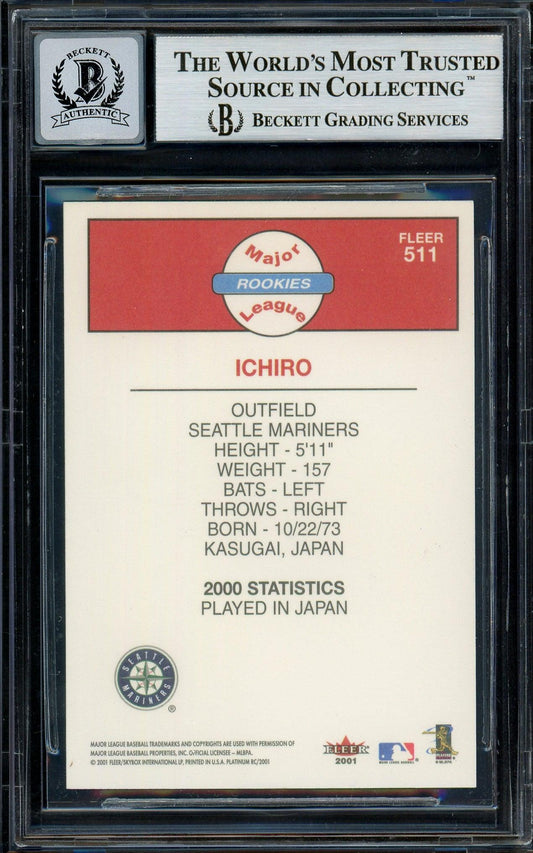 Ichiro Suzuki Autographed 2001 Fleer Platinum Rookie Card #511 Seattle Mariners Auto Grade Gem Mint 10 Beckett BAS #13018309